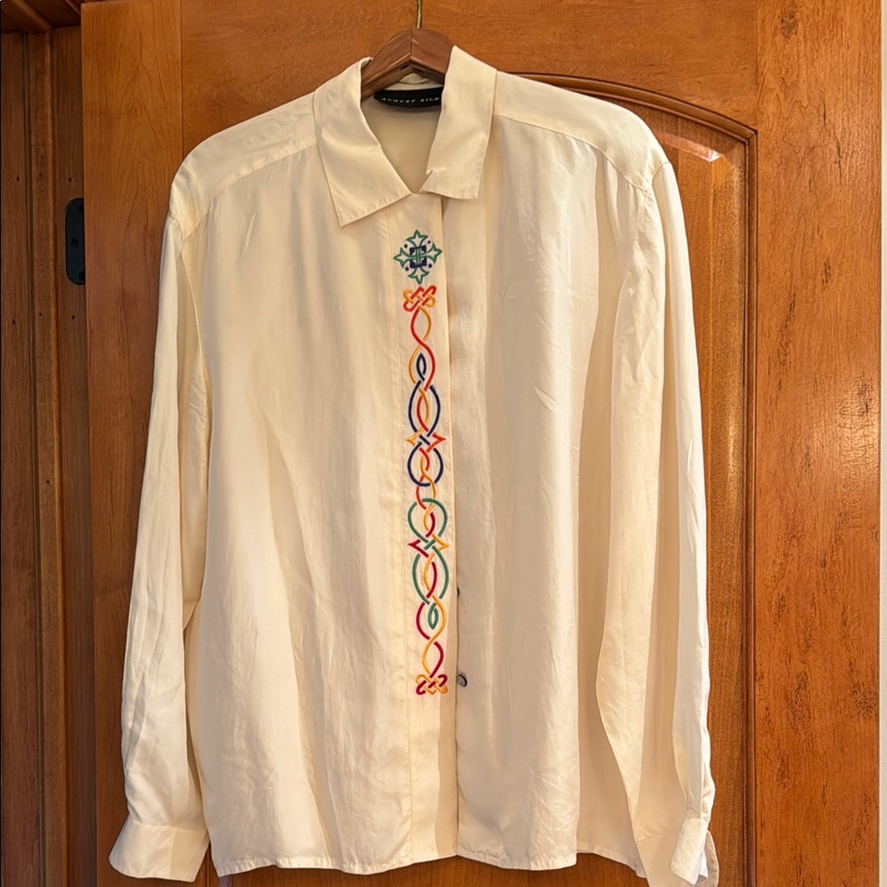 Women's Cream Silk Shirt with Colorful Embroidery